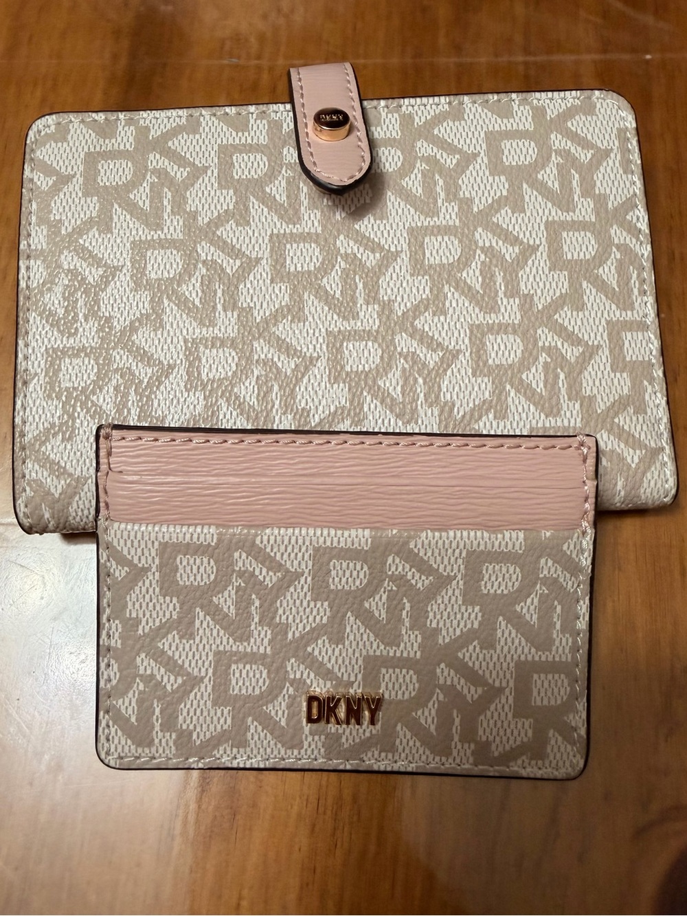 DKNY Beige and Light Pink Monogram Cardholder and Wallet Set ($128)